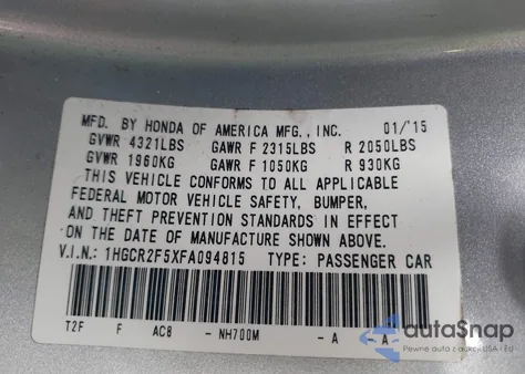 2015 Honda Accord Sport z USA, uszkodzony, nr VIN 1HGCR2F5XFA094815